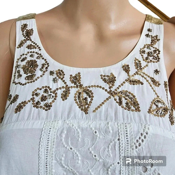 Anthropologie Leifnotes White Eyelet Gold Trim Beaded Sleeveless Dress Size 4 - Picture 6 of 16